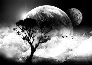 lune Tableau - Noire et blanche nuages ​​lune arbre